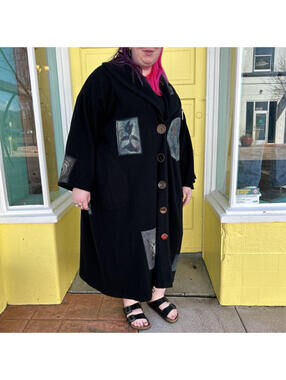 Women's Bluefish Wool Applique Overcoat Black Coat XL/XXL